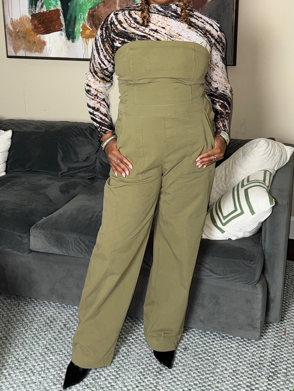 Zara Olive Green Strapless Wide-Leg Jumpsuit with pockets
